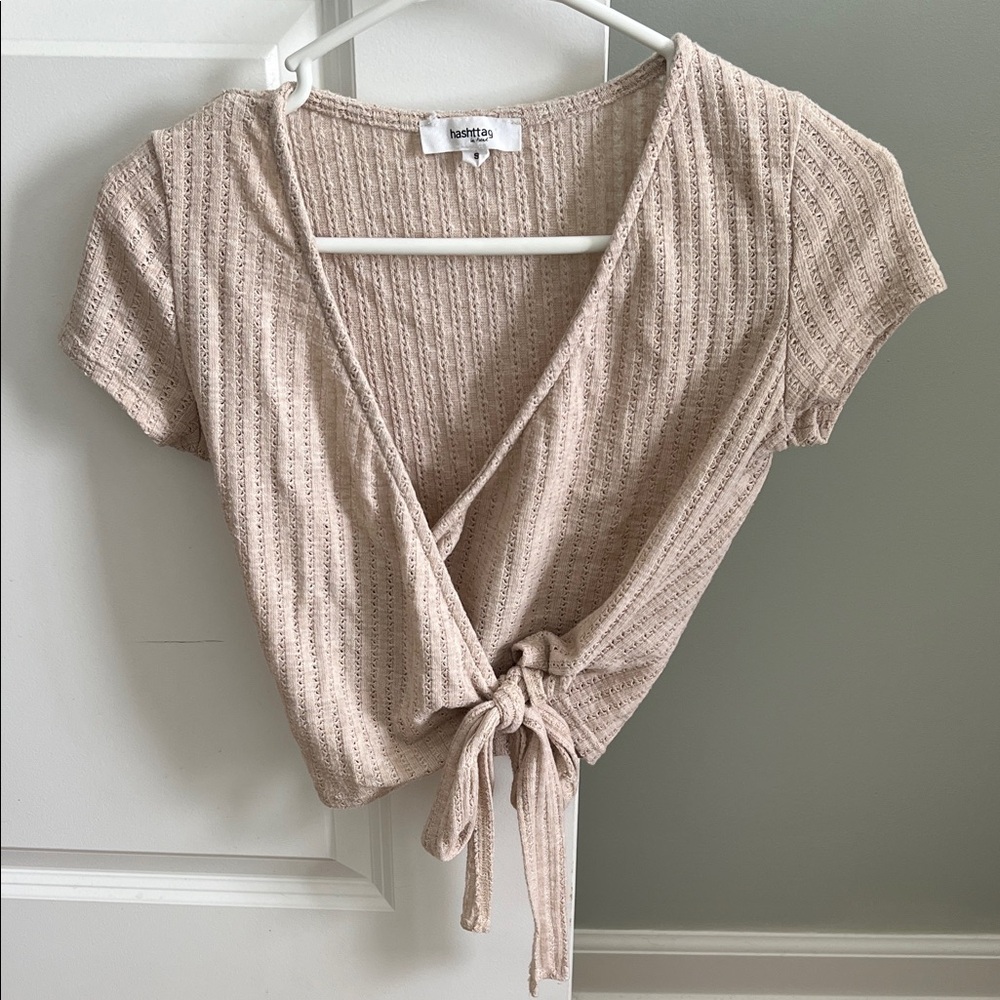 Beige Tie-Front Knit Top